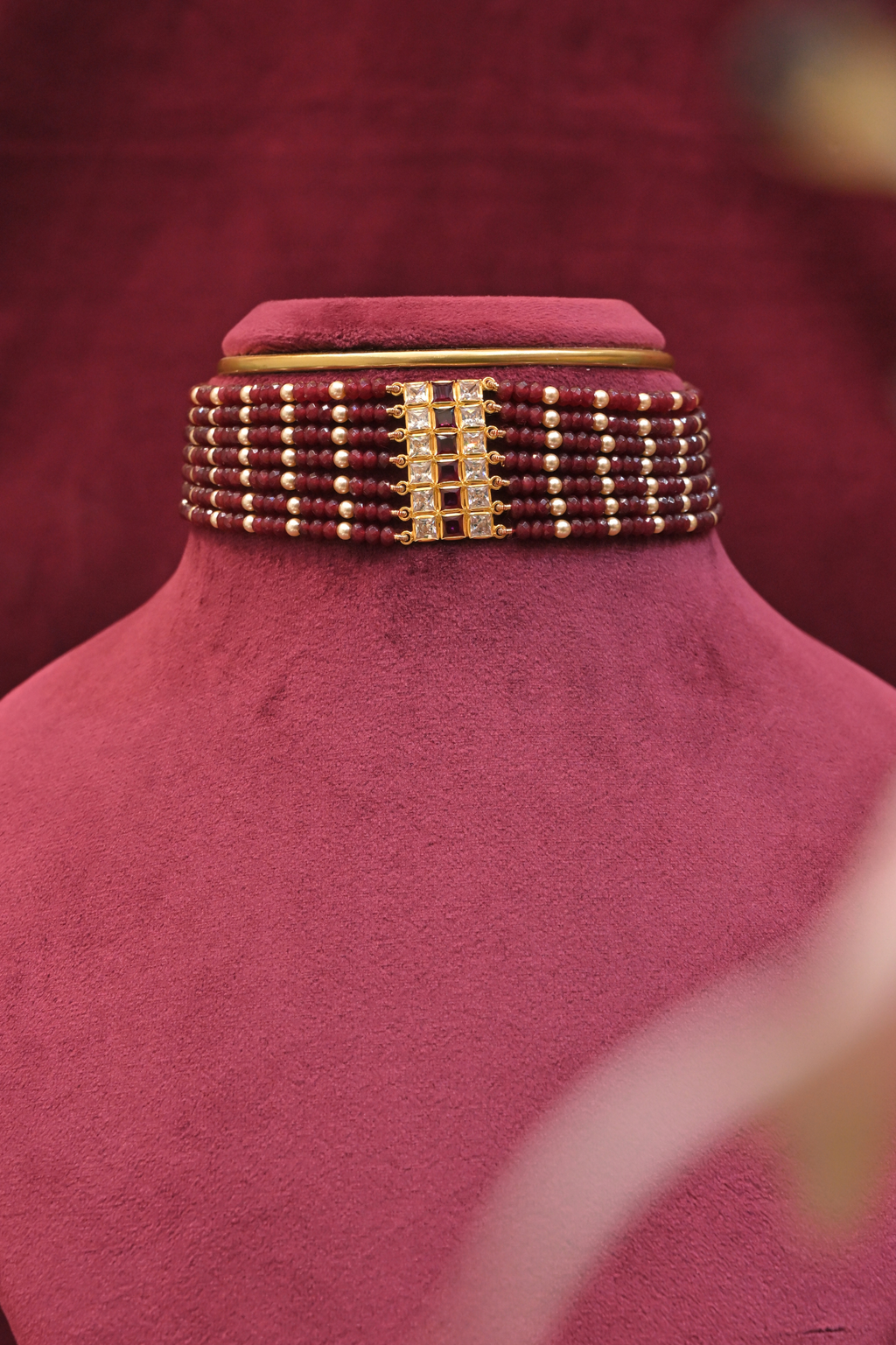 Ruby Red Beaded Choker with Polki-Inspired Centerpiece