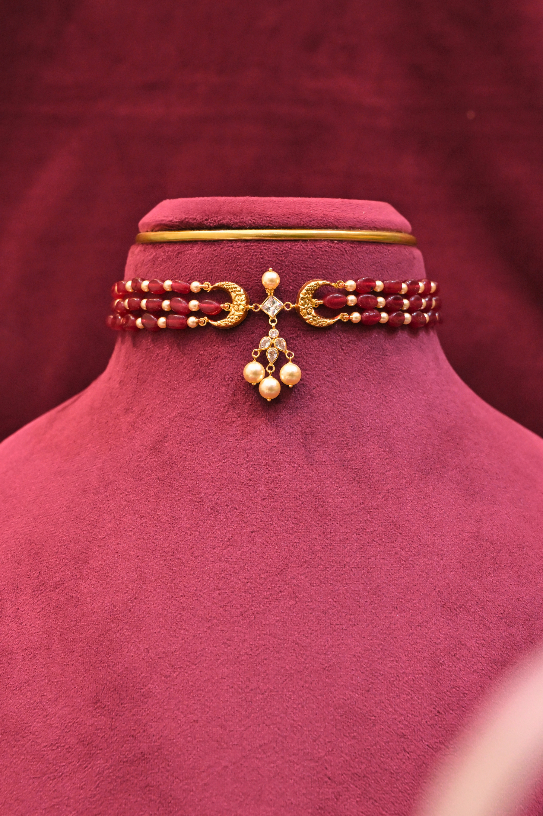 Ruby Beaded Crescent Motif Choker Necklace