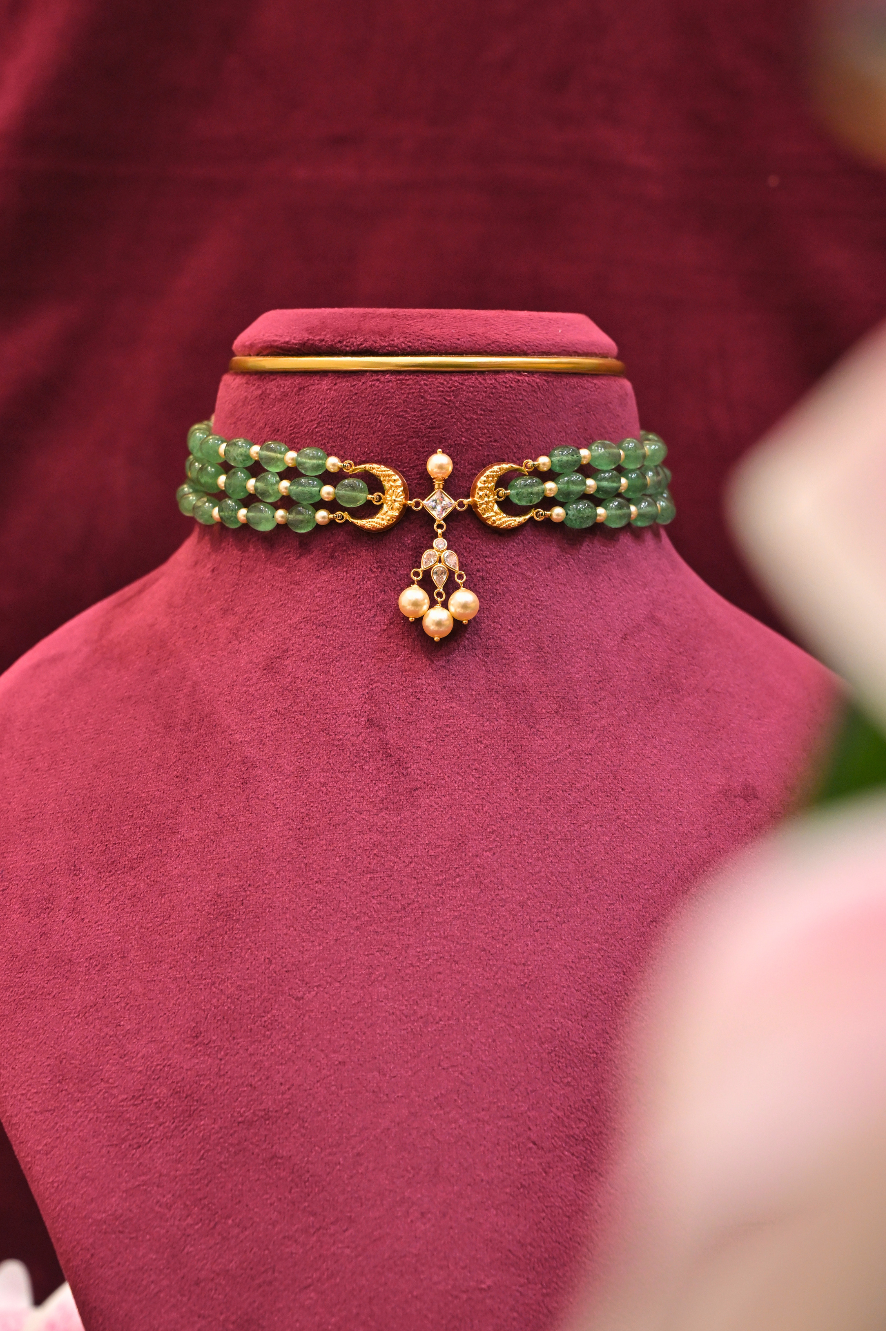 Emerald Beaded Crescent Motif Choker Necklace