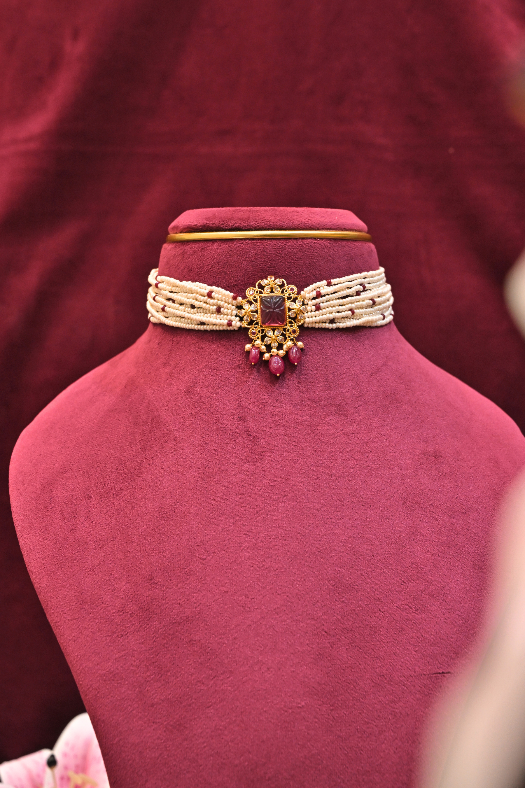 Pearl Strand Choker with Ruby-Inspired Floral Pendant