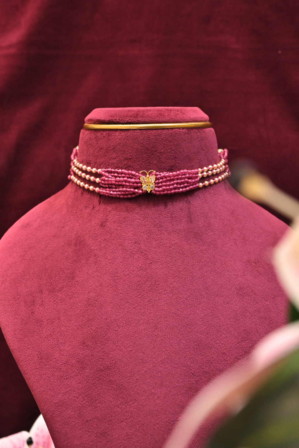 Pink Beaded Butterfly Motif Choker Necklace