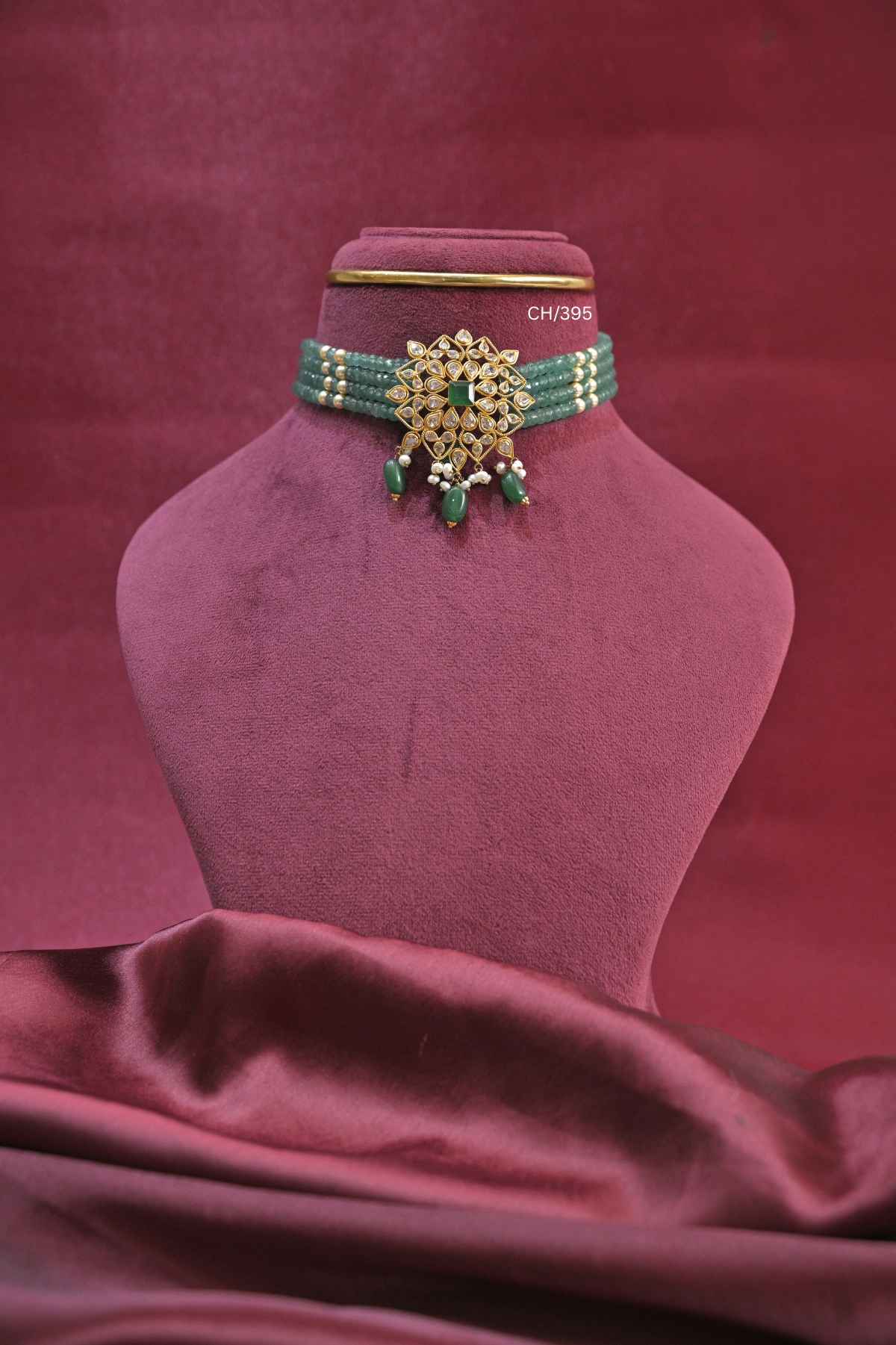 Multi-Strand Emerald Bead Choker with Square Emerald & Intricate CZ Medallion | SKU: CH/395