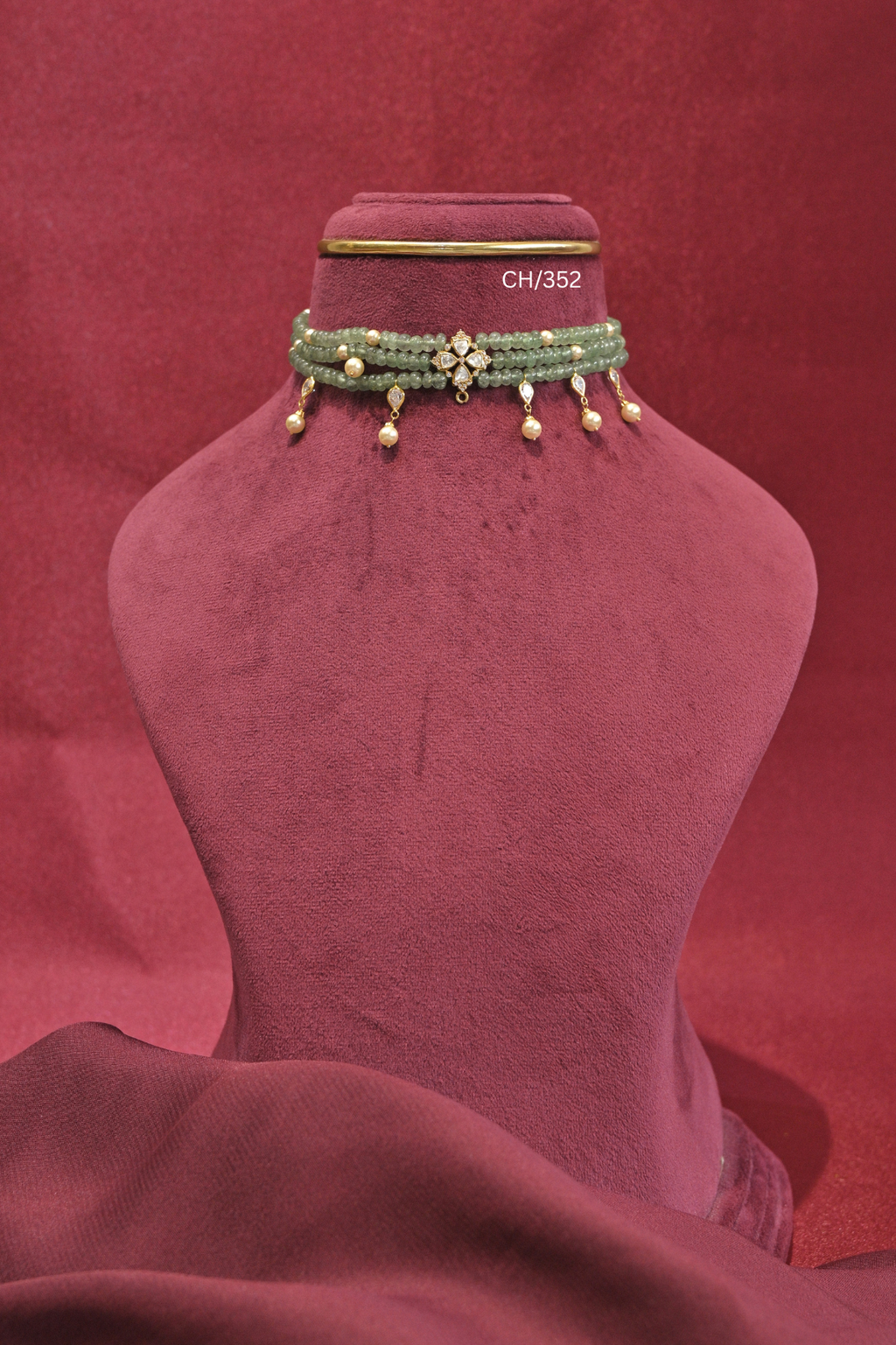 Mint Green Gemstone Beads Choker with Pearl Drops | SKU: CH/352