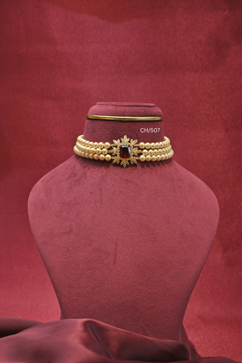 Three-Strand Pearl Choker with Emerald-Cut Ruby & CZ Starburst Pendant | SKU: CH/507