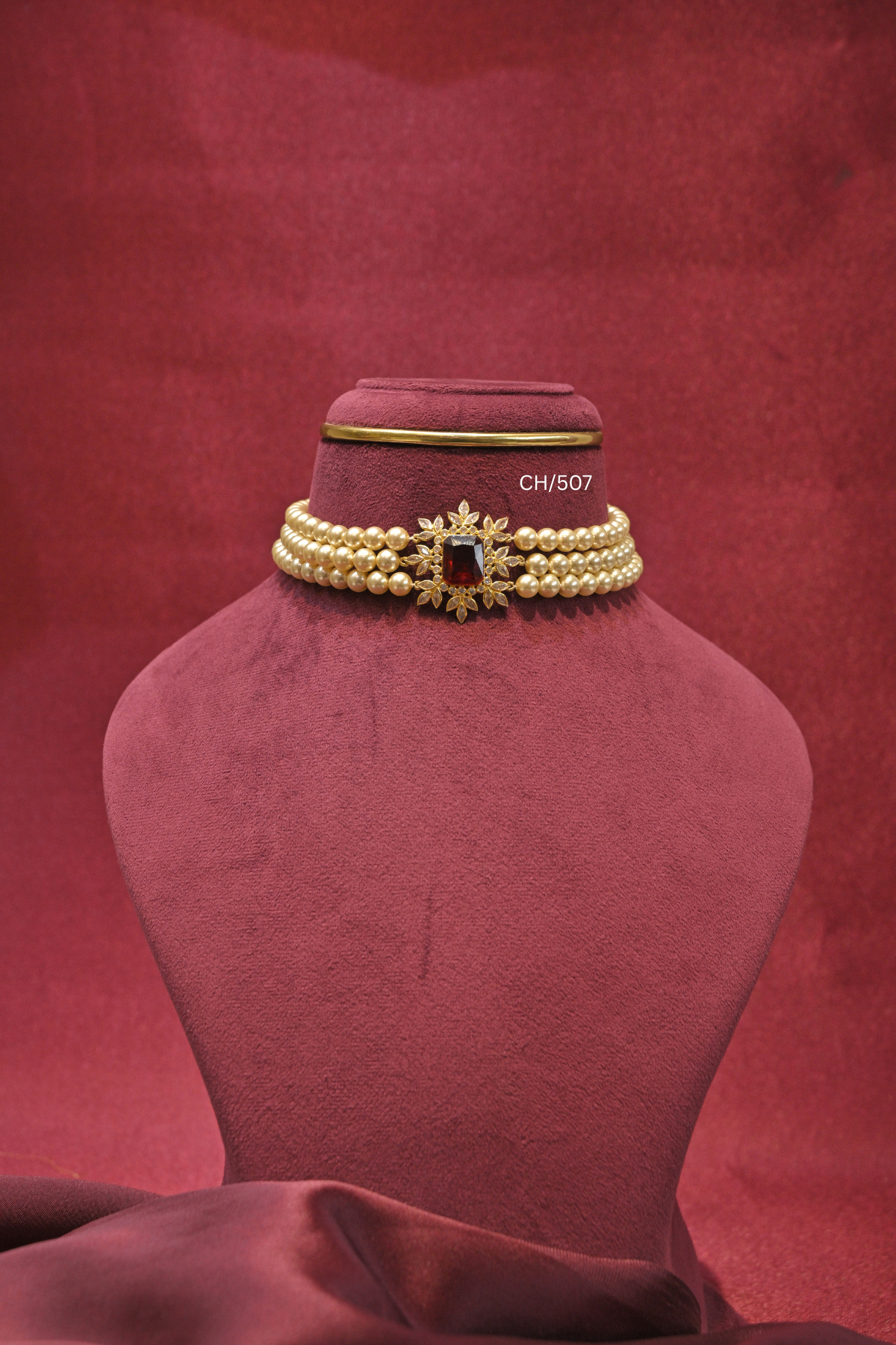 Three-Strand Pearl Choker with Emerald-Cut Ruby & CZ Starburst Pendant | SKU: CH/507