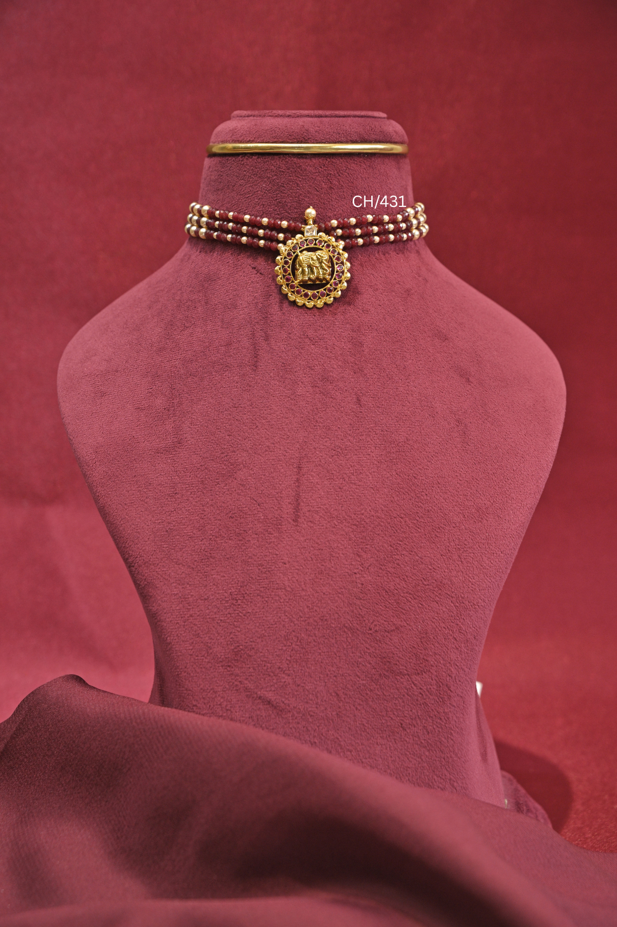 Ruby Beads Temple Choker with Elephant Medallion| SKU: CH/431