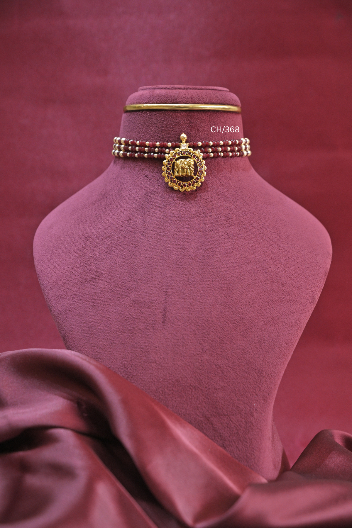 Three-Strand Ruby Bead Choker with Royal Elephant Medallion | SKU: CH/368