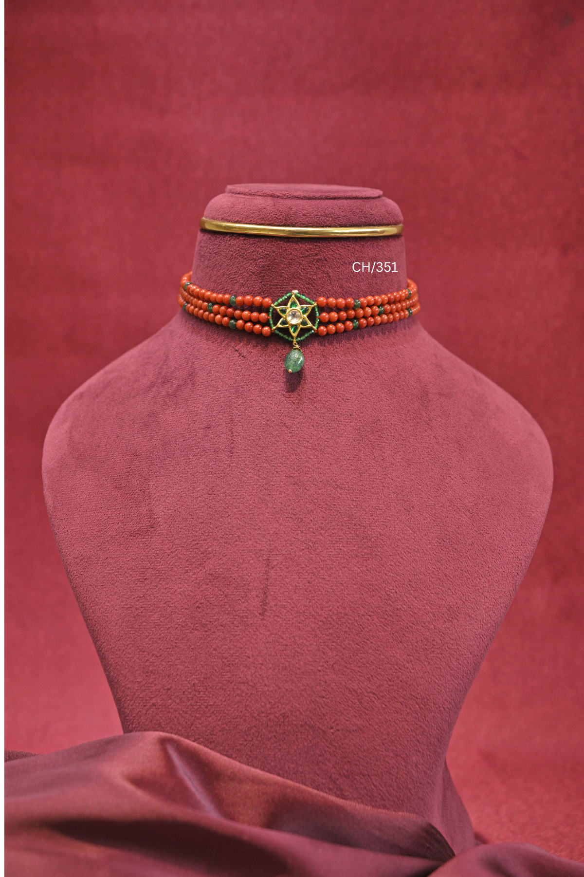Coral-Red Bead Choker with Kundan Starburst Pendant | SKU: CH/351