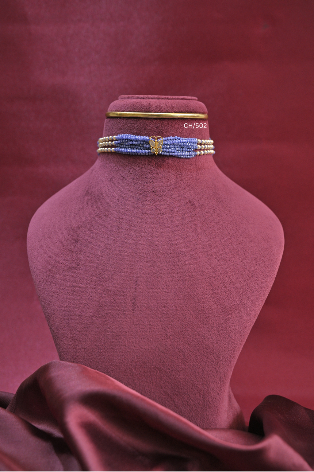 Multi-Strand Periwinkle Bead Choker with CZ Butterfly Accent | SKU: CH/502