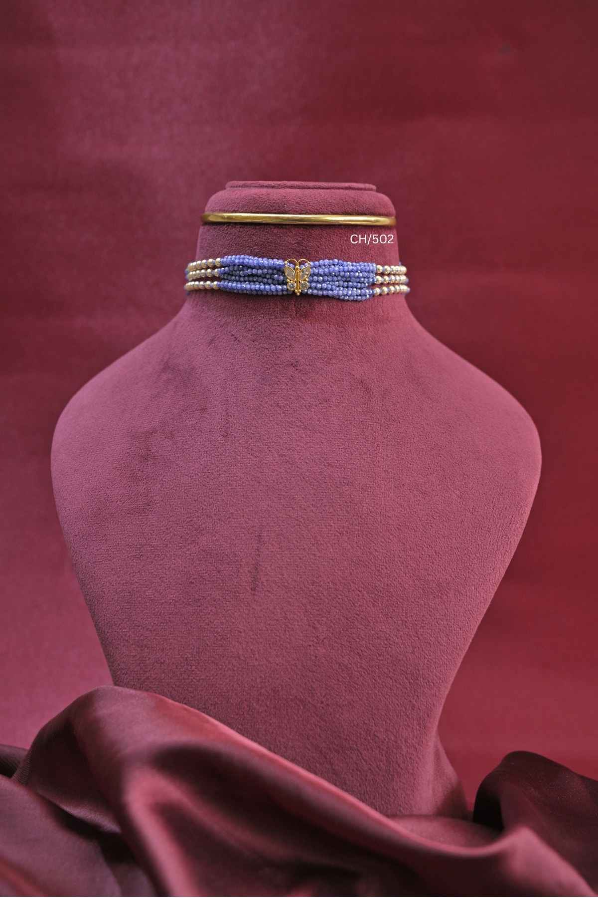 Multi-Strand Periwinkle Bead Choker with CZ Butterfly Accent | SKU: CH/502