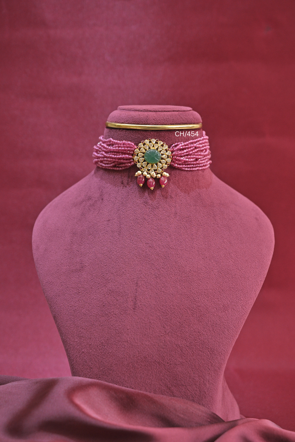 Multi-Strand Pink Bead Choker with Emerald & CZ Medallion | SKU: CH/454