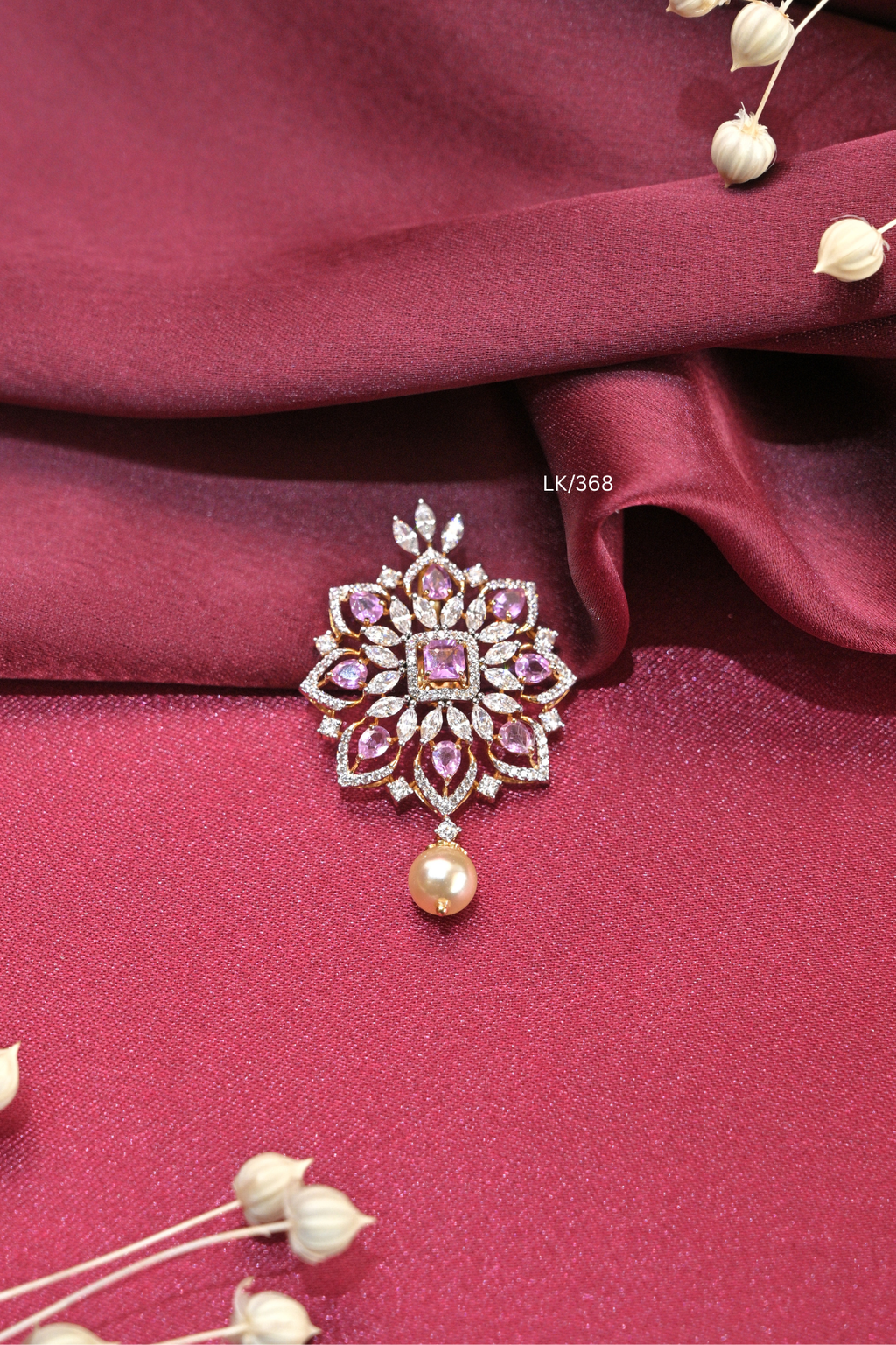 Pink Gemstone Floral Starburst Locket with Pearl Drop | SKU: LK/368