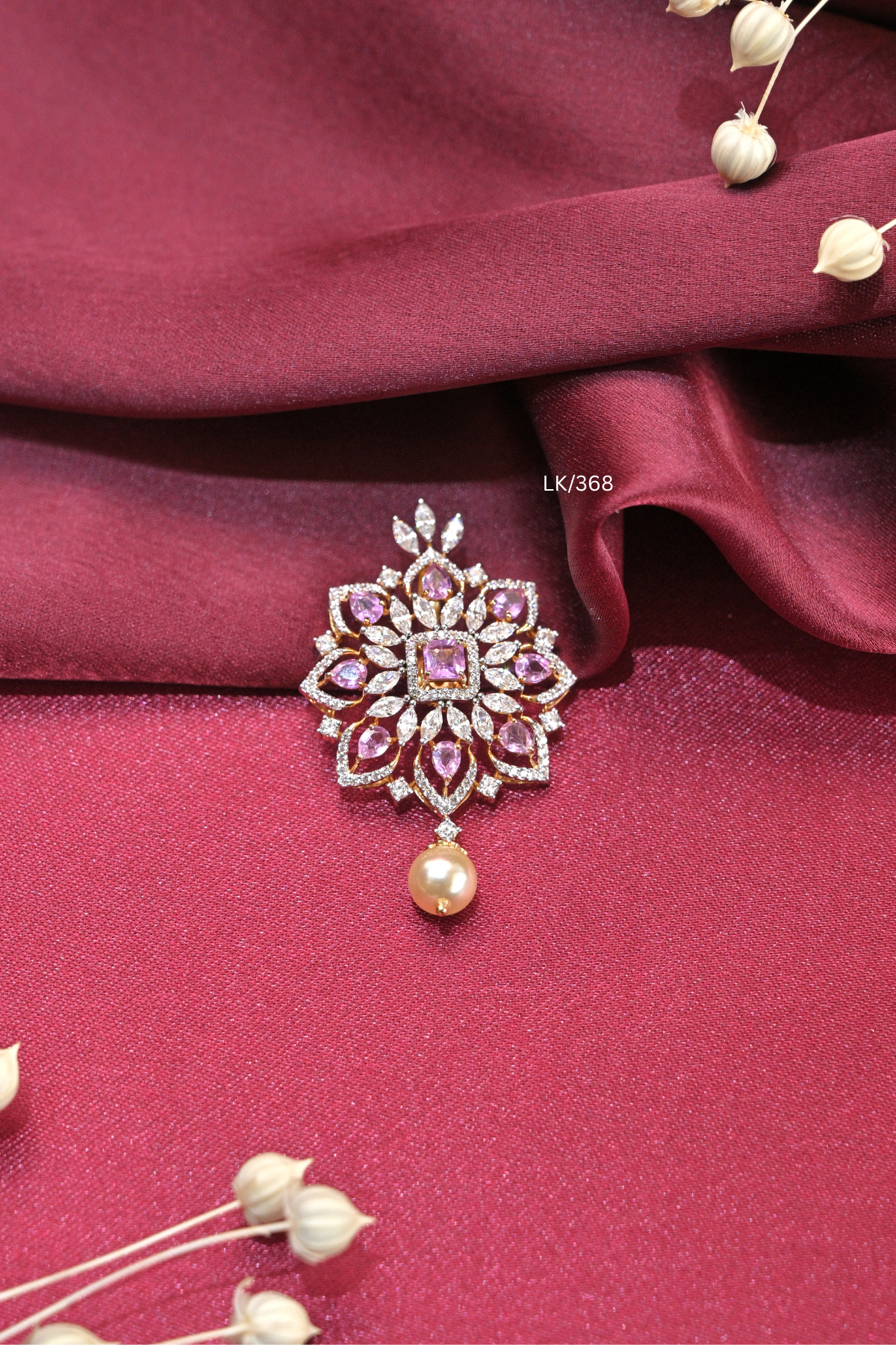 Pink Gemstone Floral Starburst Locket with Pearl Drop | SKU: LK/368