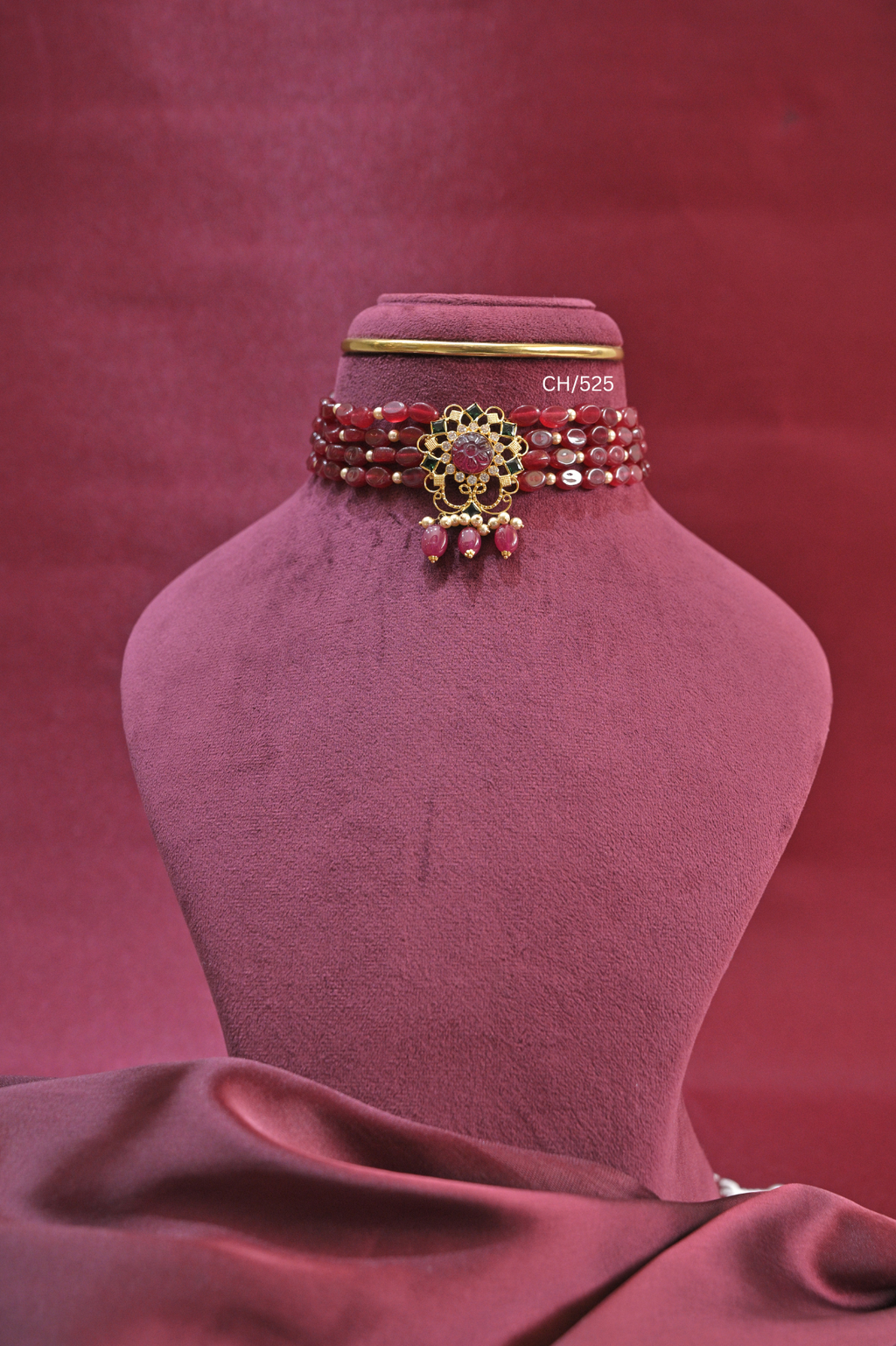 Ruby-Red Oval Bead Choker with Carved Gemstone Medallion | SKU: CH/525