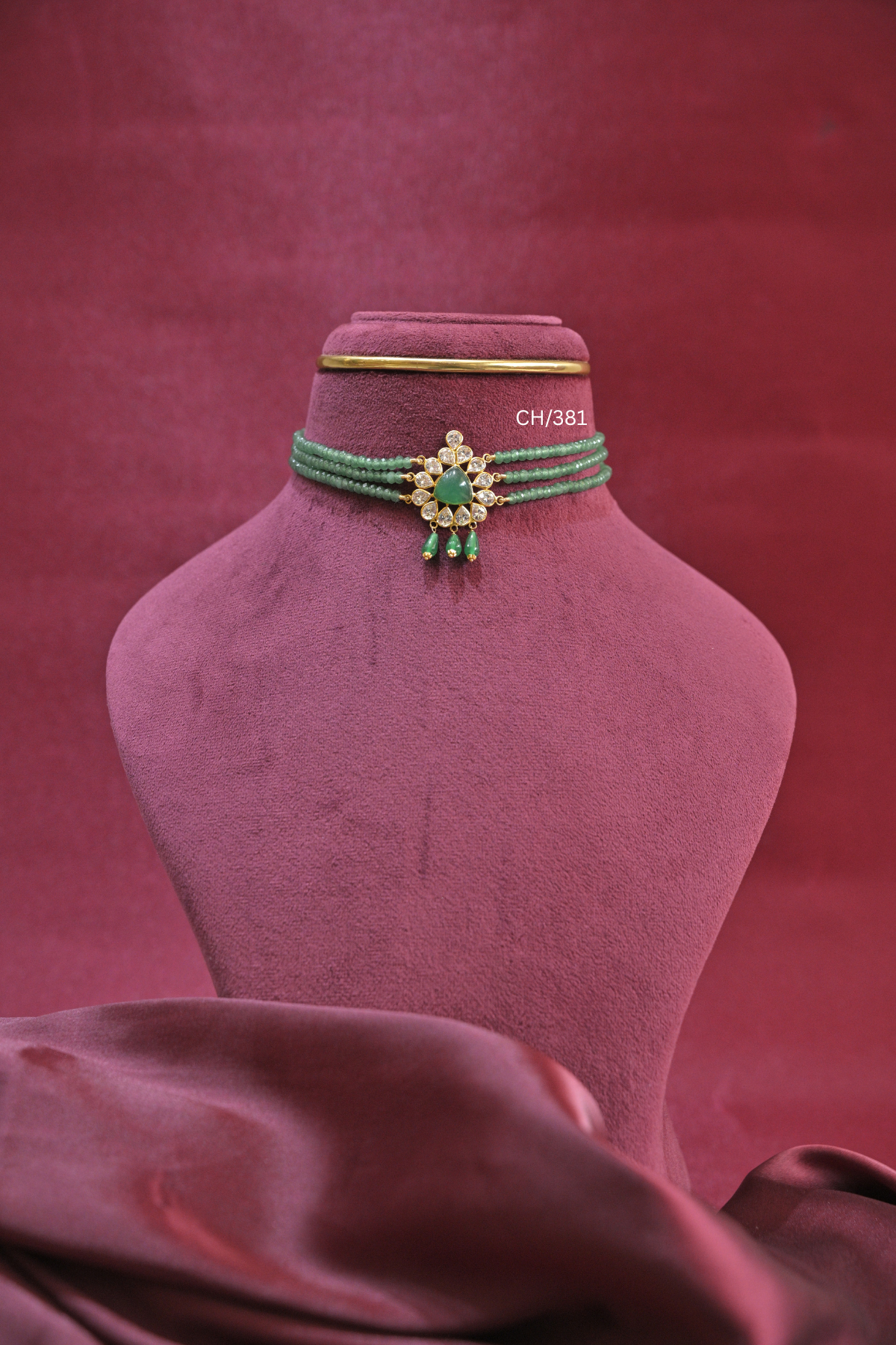 Three-Strand Emerald Bead Choker with Pear-Cut Emerald & CZ Halo | SKU: CH/381