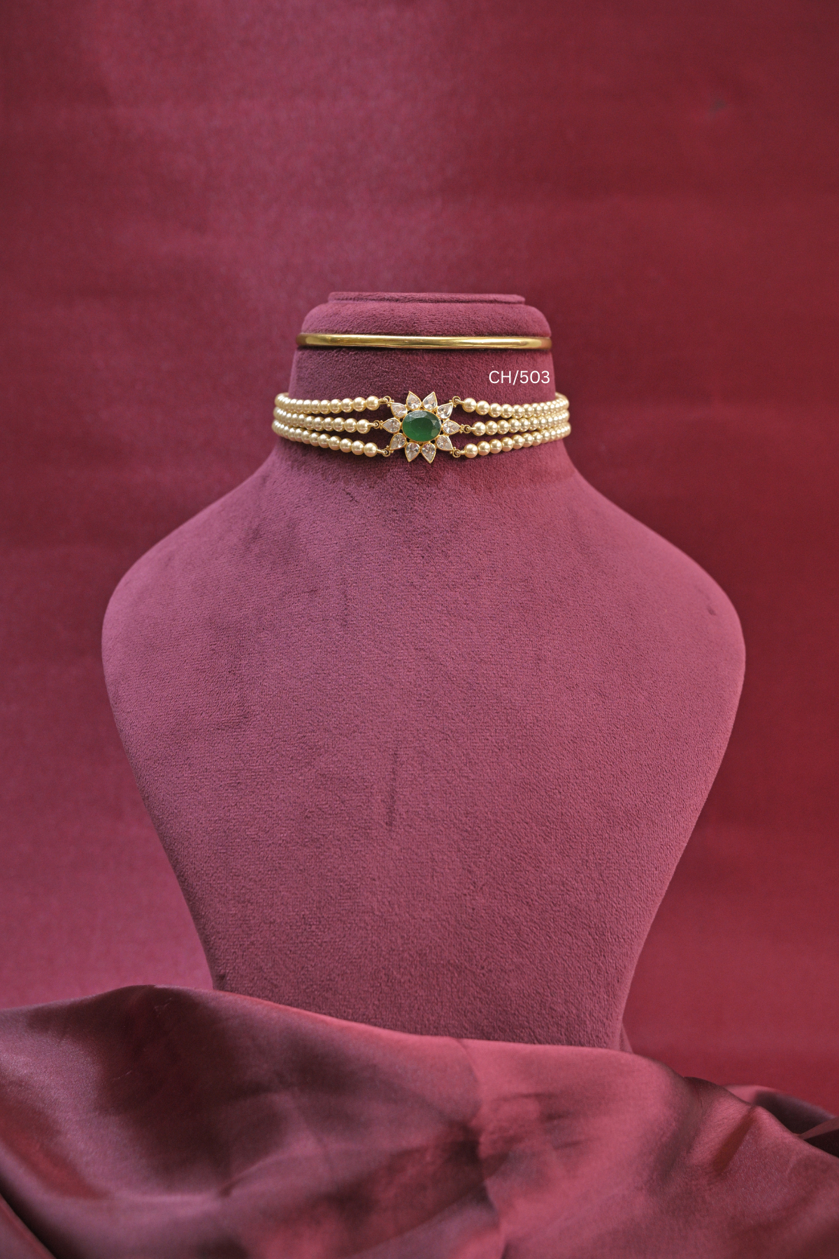 Three-Strand Pearl Choker with Emerald & CZ Floral Medallion | SKU: CH/503