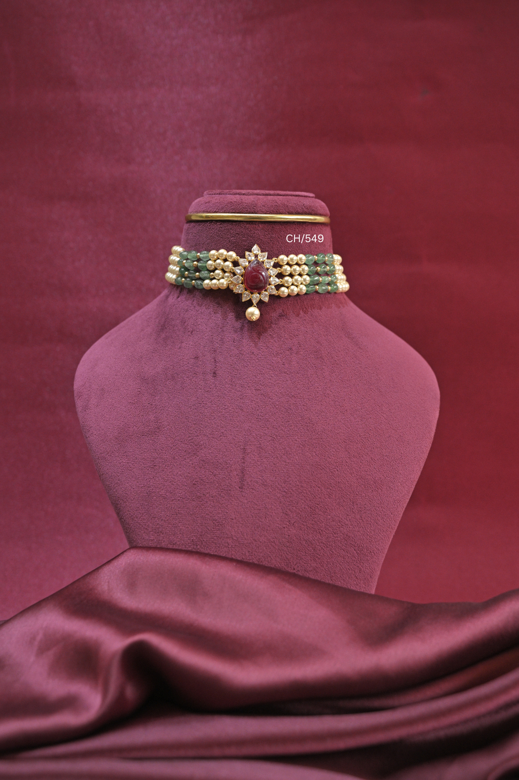 Pearl & Green Bead Choker with Carved Ruby Teardrop Pendant | SKU: CH/549