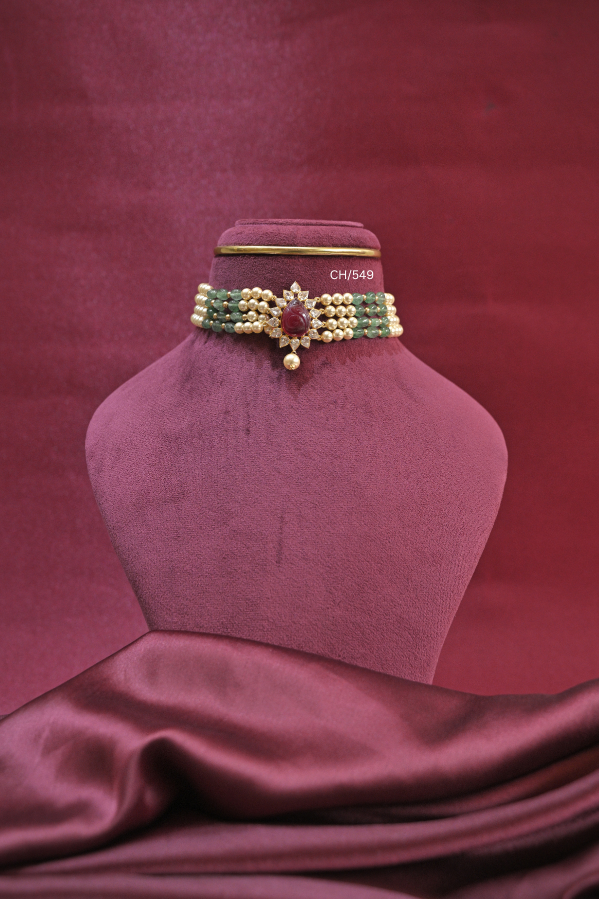 Pearl & Green Bead Choker with Carved Ruby Teardrop Pendant | SKU: CH/549