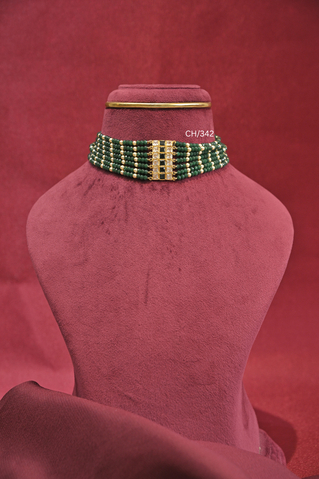 Deep Green Gemstone Beads Choker with Geometric Grid Bar | SKU: CH/342
