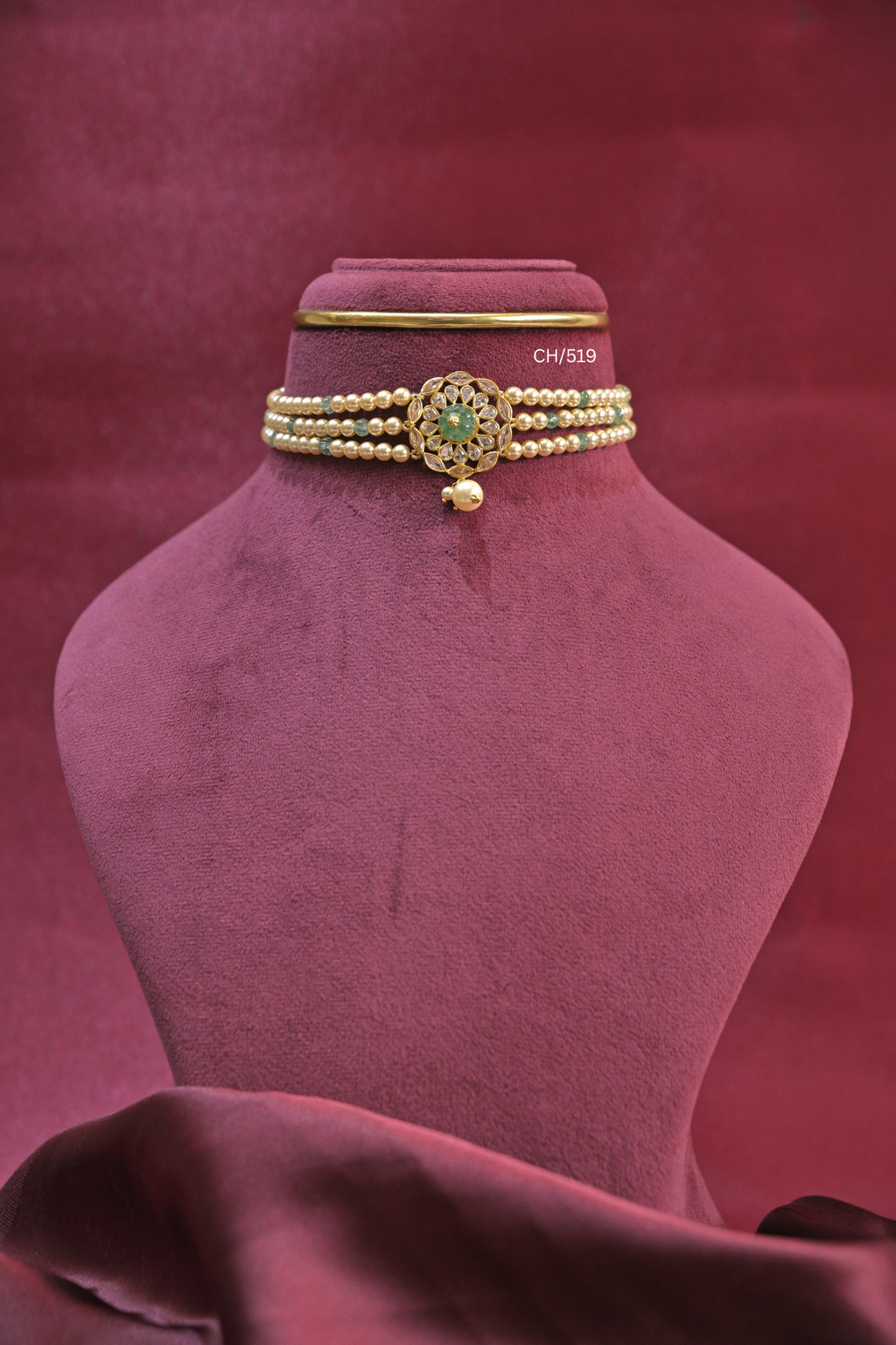 Three-Strand Pearl & Green Bead Choker with Carved Emerald Medallion | SKU: CH/519