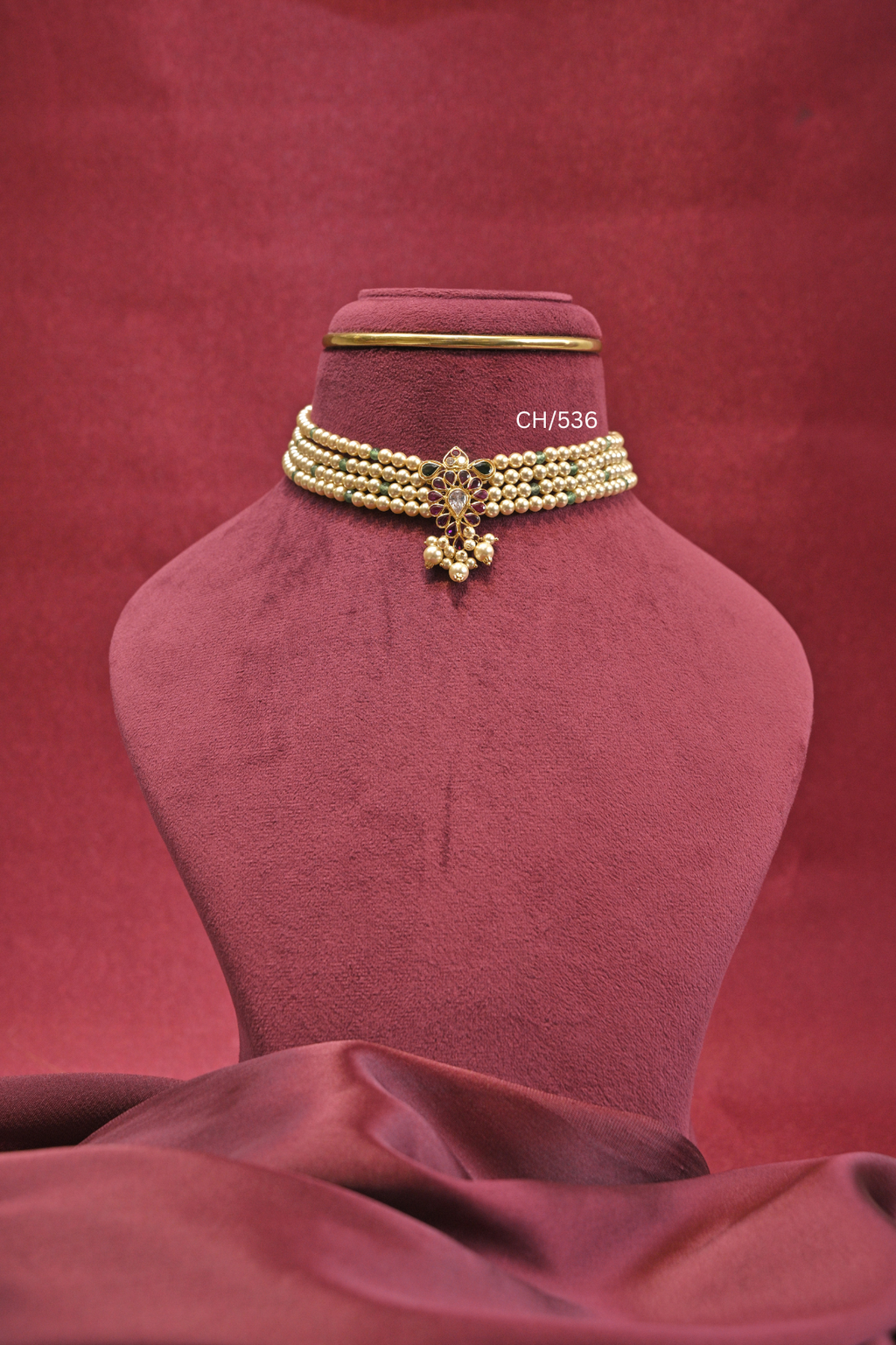 Multi-Strand Pearl Choker with Ruby, Emerald & CZ Pendant | SKU: CH/536
