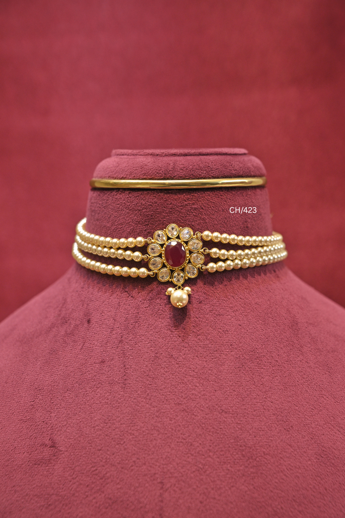Three-Strand Pearl Choker with Floral Pendant | SKU: CH/423