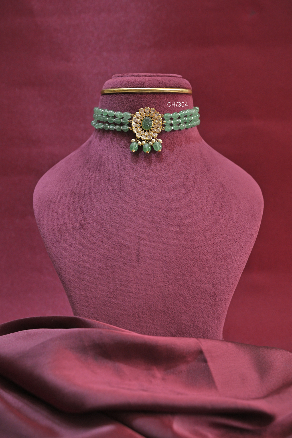 Three-Strand Emerald Bead Choker with Carved Gemstone & CZ Medallion | SKU: CH/354