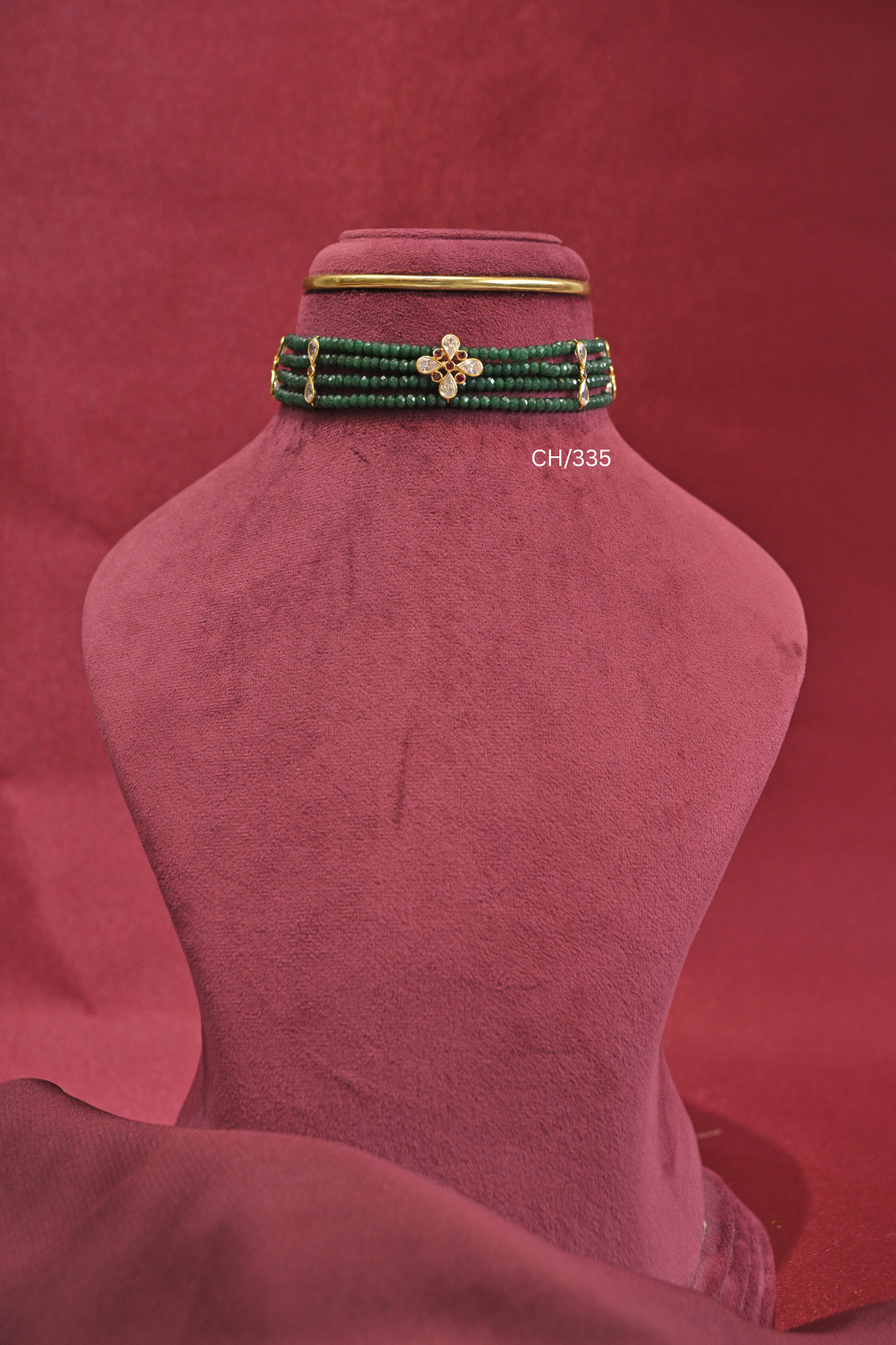 Gold Emerald Beads Floral Motif Choker Necklace | SKU: CH/335