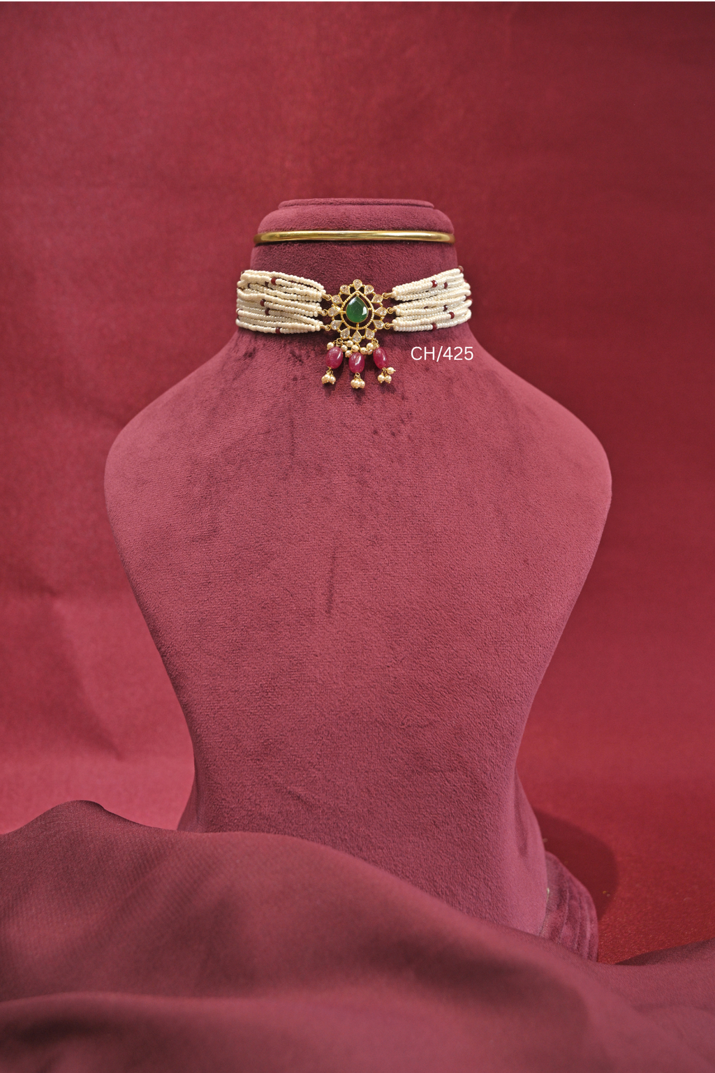Multi-Strand Pearl Choker with Emerald & Ruby Drops | SKU: CH/425