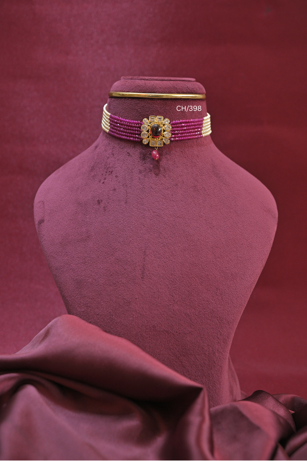 Multi-Strand Ruby-Pink Bead & Pearl Choker with Oval Ruby Medallion | SKU: CH/398