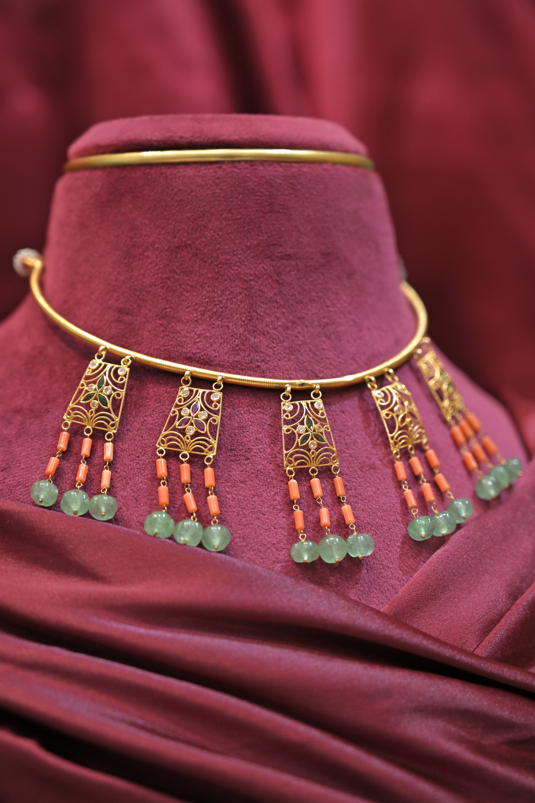 Vintage Filigree Tassel Choker Necklace with Green Bead Accents