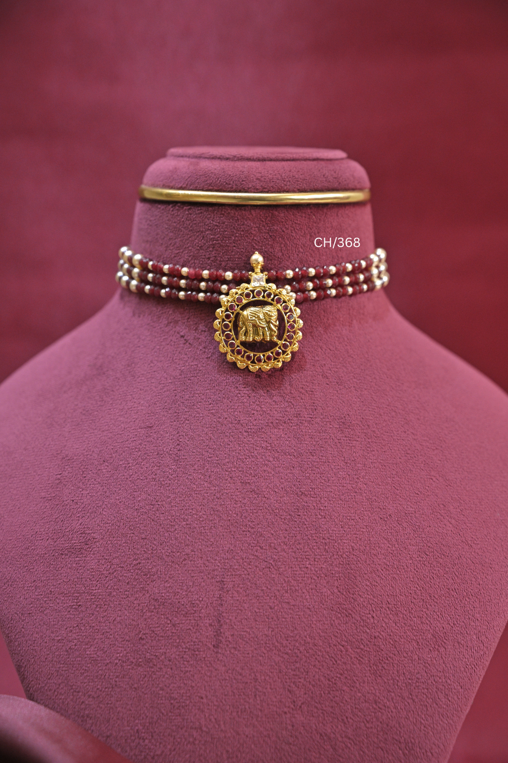 Three-Strand Ruby Bead Choker with Royal Elephant Medallion | SKU: CH/368