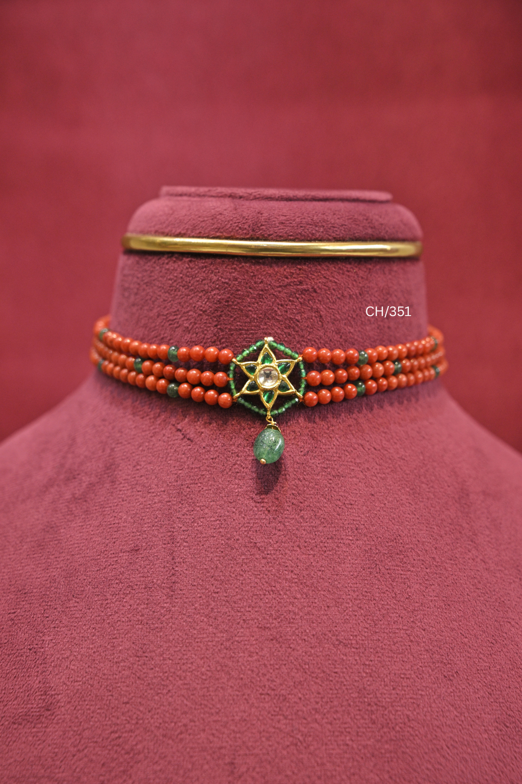 Coral-Red Bead Choker with Kundan Starburst Pendant | SKU: CH/351