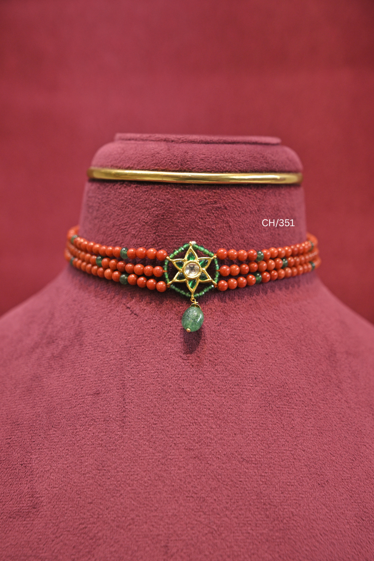 Coral-Red Bead Choker with Kundan Starburst Pendant | SKU: CH/351