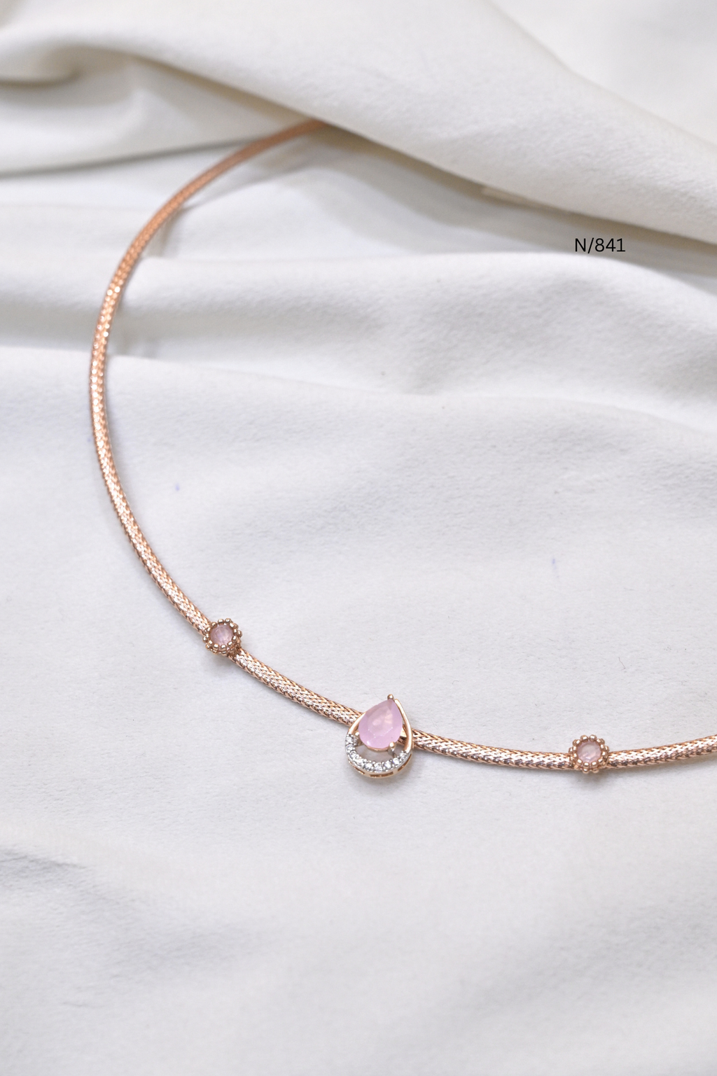 Italian Kanti Mesh Necklace with Pink Teardrop Gemstone | SKU: n/841