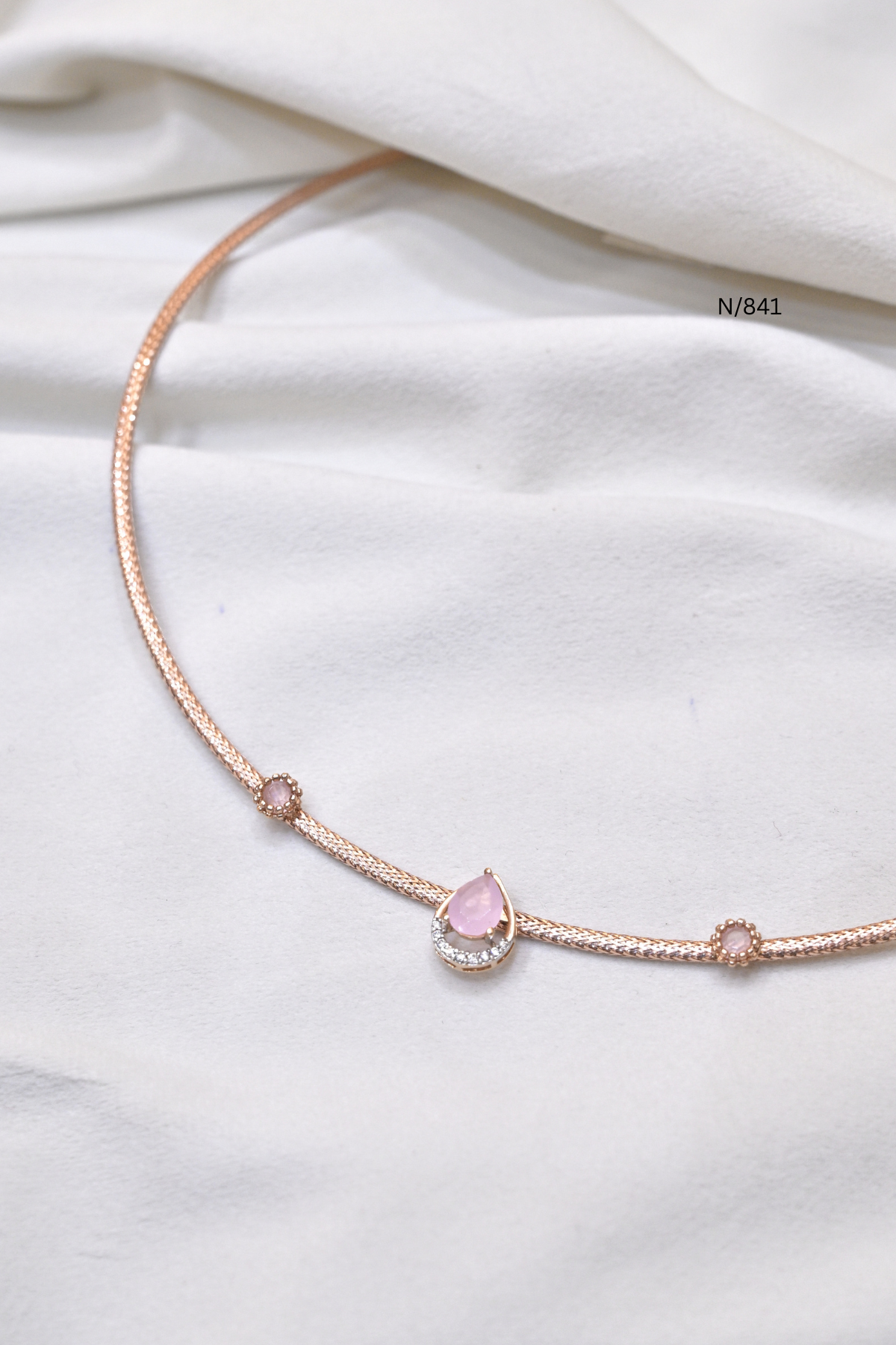 Italian Kanti Mesh Necklace with Pink Teardrop Gemstone | SKU: n/841