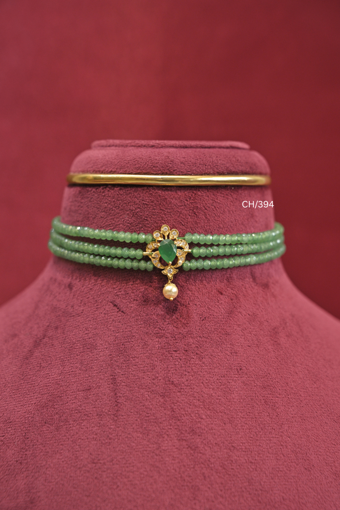 Light Green Beads Choker with Teardrop Gemstone Pendant |SKU: CH/394