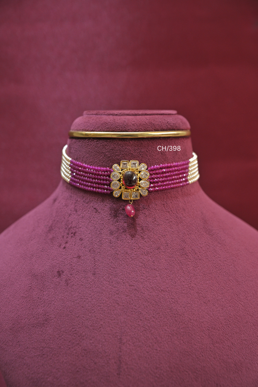 Multi-Strand Ruby-Pink Bead & Pearl Choker with Oval Ruby Medallion | SKU: CH/398