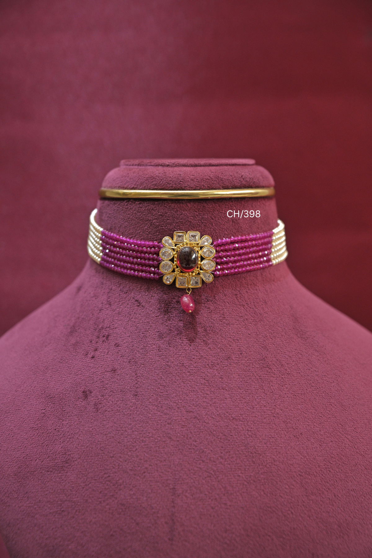 Multi-Strand Ruby-Pink Bead & Pearl Choker with Oval Ruby Medallion | SKU: CH/398