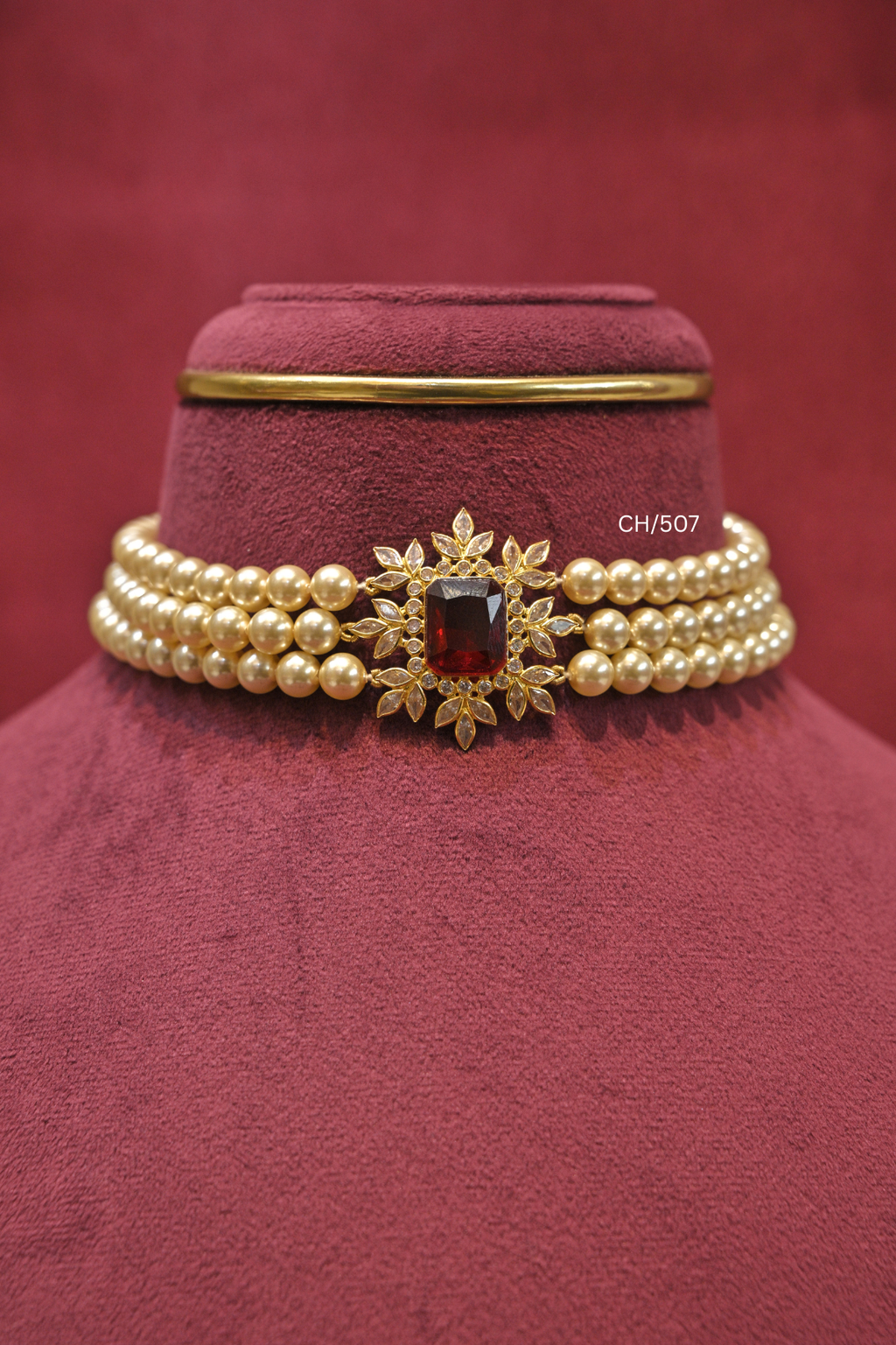 Three-Strand Pearl Choker with Emerald-Cut Ruby & CZ Starburst Pendant | SKU: CH/507