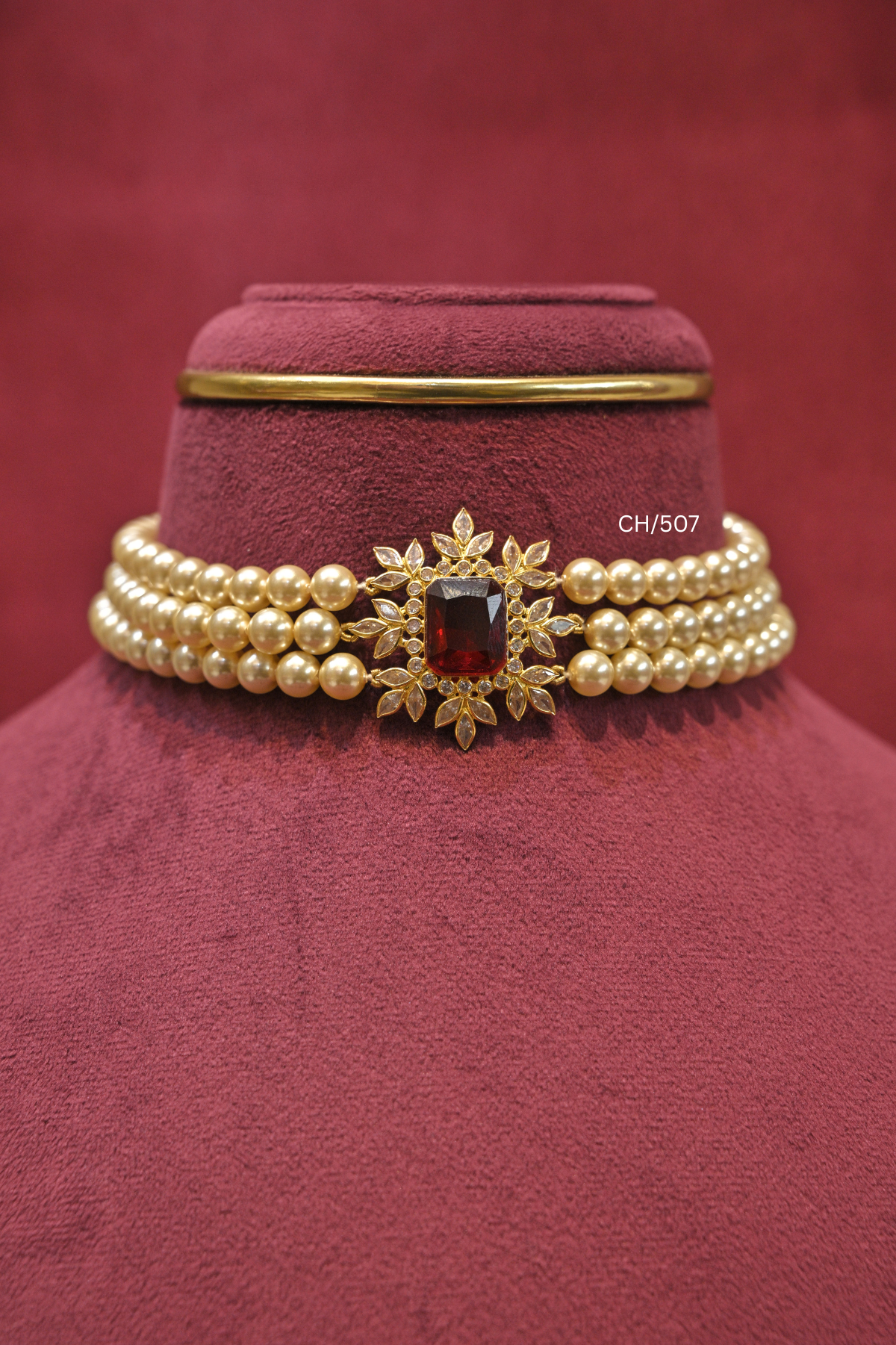 Three-Strand Pearl Choker with Emerald-Cut Ruby & CZ Starburst Pendant | SKU: CH/507