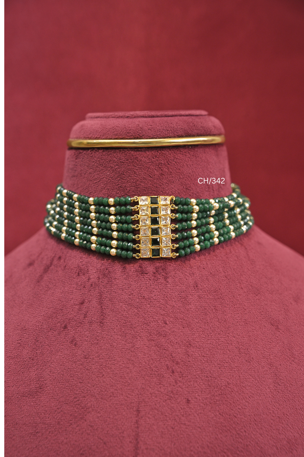 Deep Green Gemstone Beads Choker with Geometric Grid Bar | SKU: CH/342