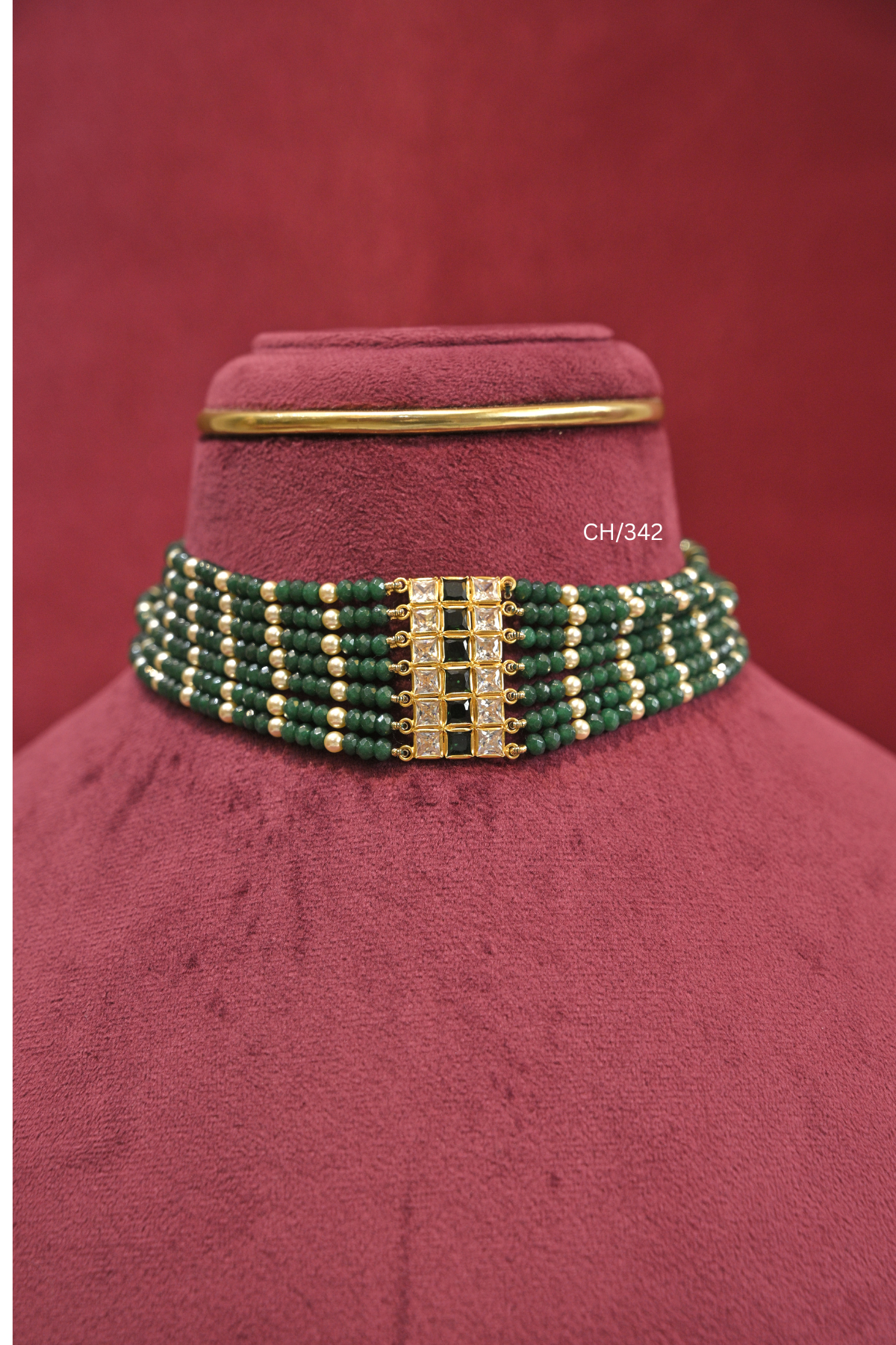 Deep Green Gemstone Beads Choker with Geometric Grid Bar | SKU: CH/342