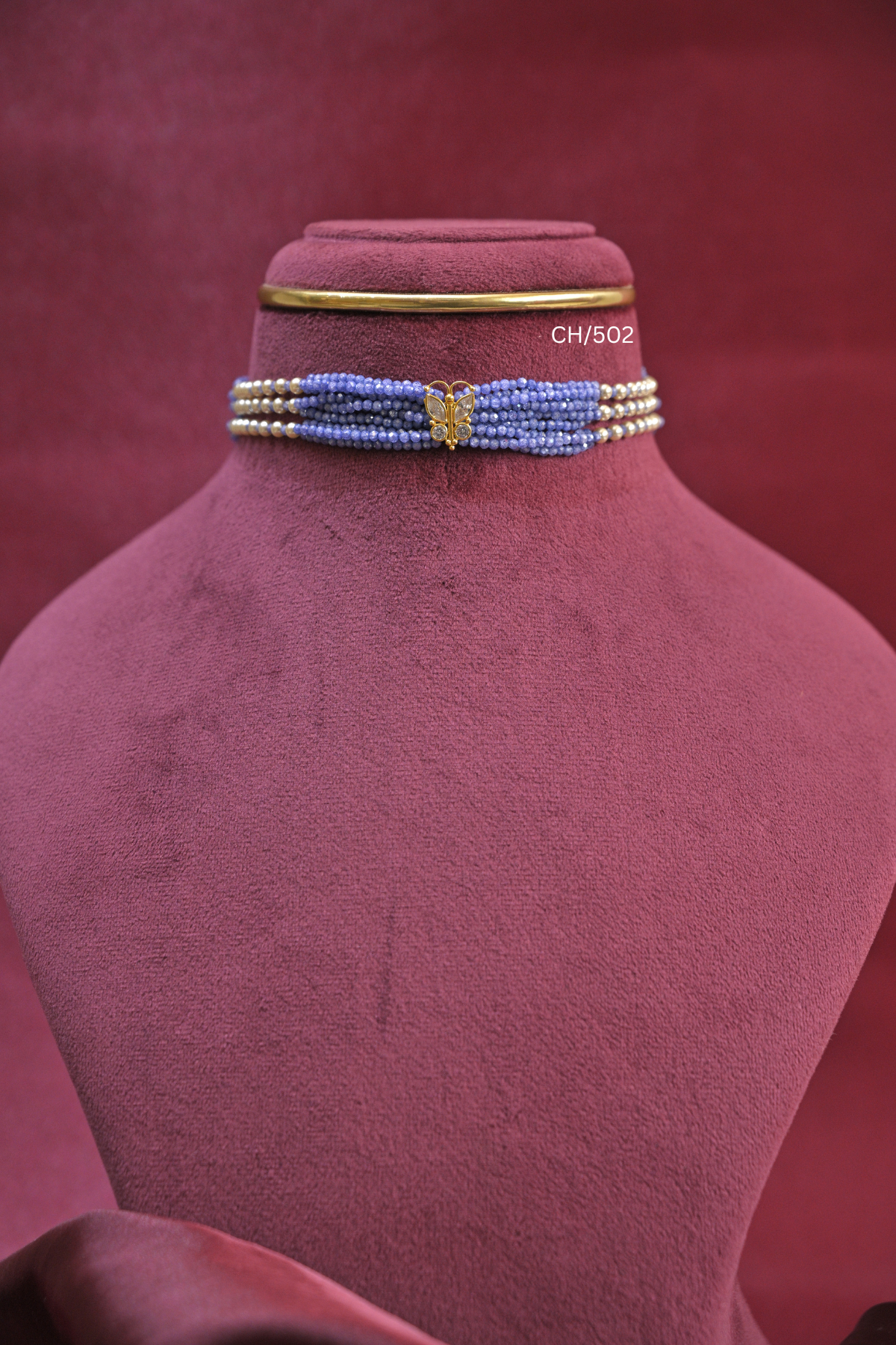 Multi-Strand Periwinkle Bead Choker with CZ Butterfly Accent | SKU: CH/502