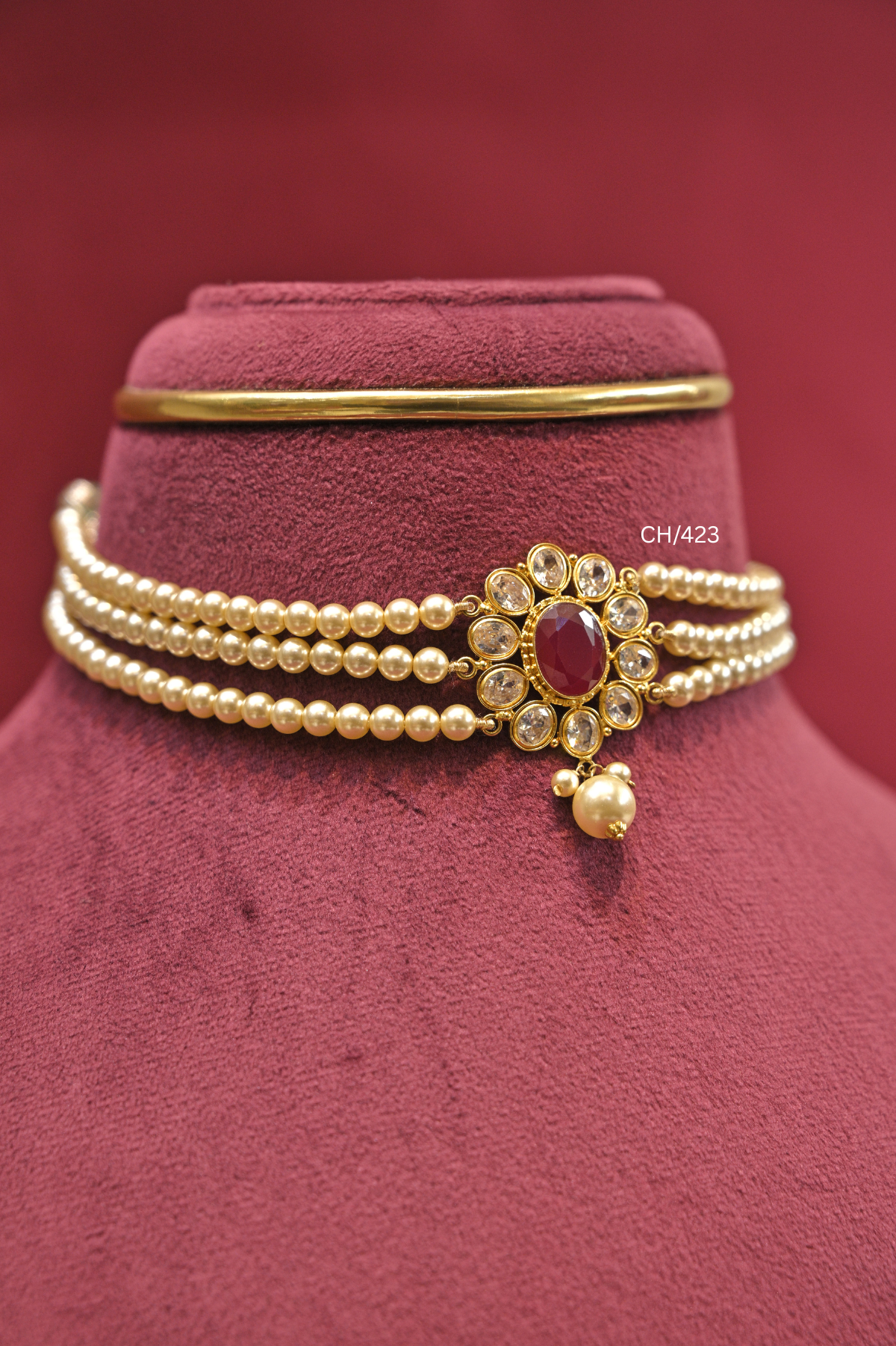 Three-Strand Pearl Choker with Floral Pendant | SKU: CH/423