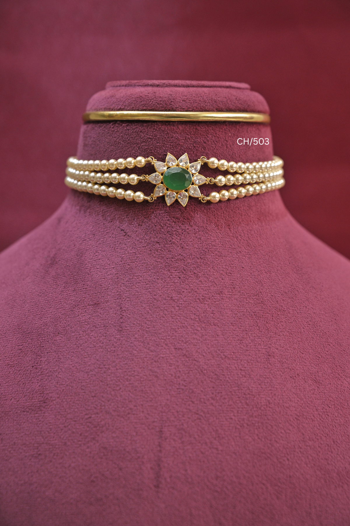 Three-Strand Pearl Choker with Emerald & CZ Floral Medallion | SKU: CH/503