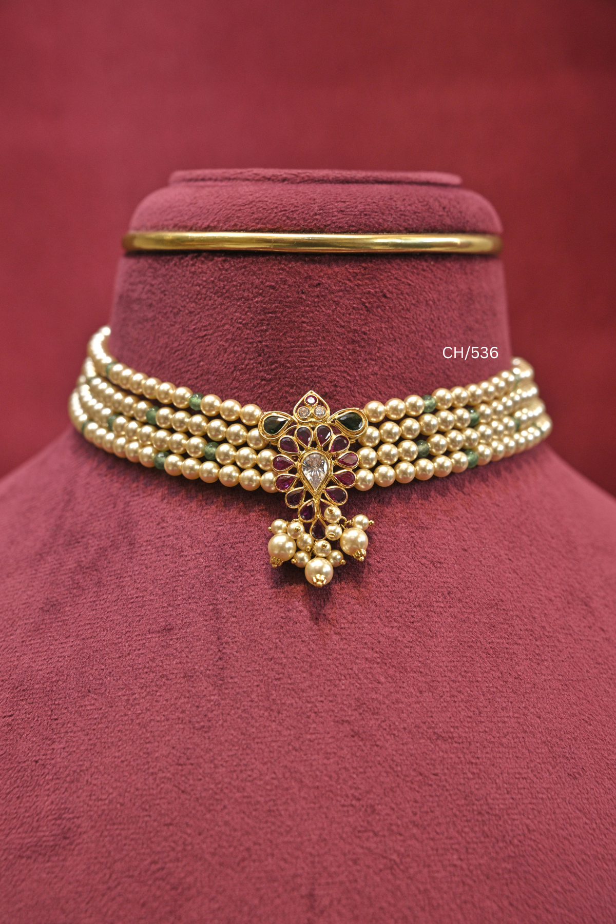 Multi-Strand Pearl Choker with Ruby, Emerald & CZ Pendant | SKU: CH/536