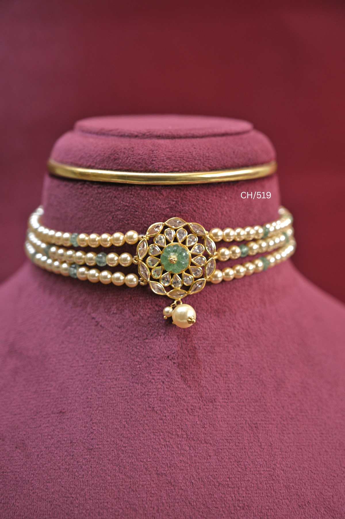 Three-Strand Pearl & Green Bead Choker with Carved Emerald Medallion | SKU: CH/519
