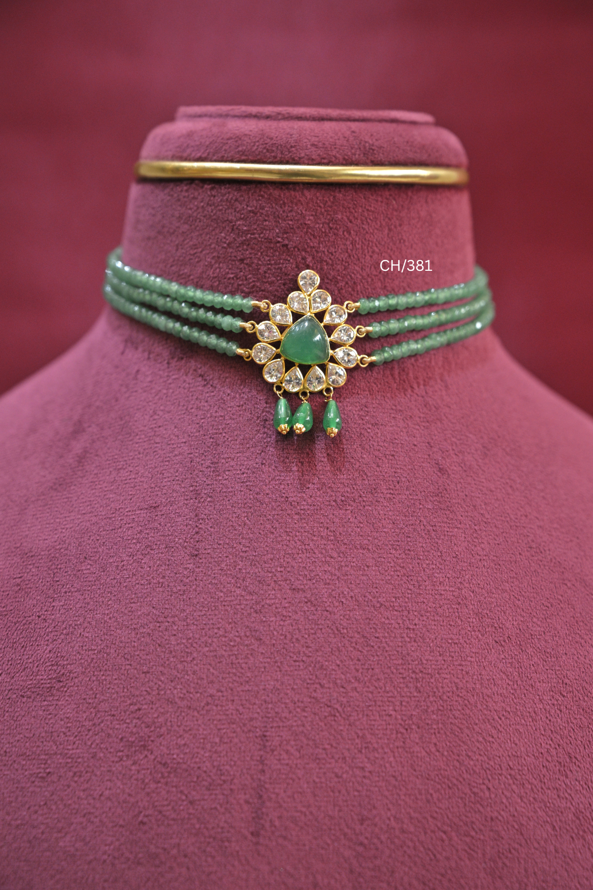Three-Strand Emerald Bead Choker with Pear-Cut Emerald & CZ Halo | SKU: CH/381