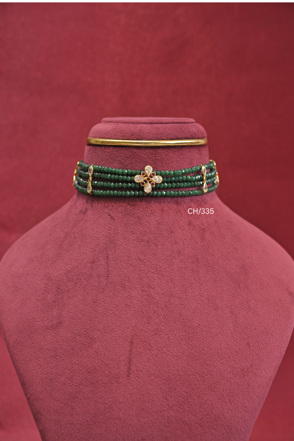 Gold Emerald Beads Floral Motif Choker Necklace | SKU: CH/335